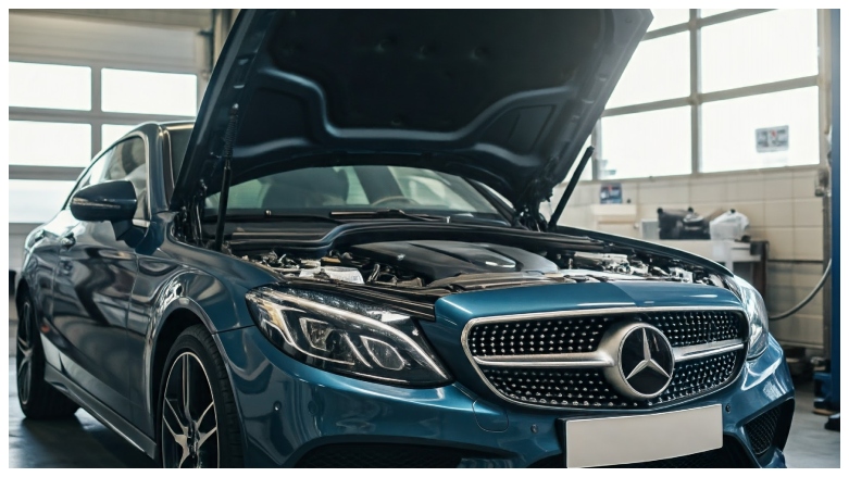 Mercedes Benz Clase C color azul con el capo abierto mostrando el motor