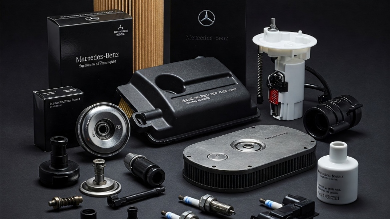 Repuestos originales Mercedes-Benz dispuestos en una mesa. 